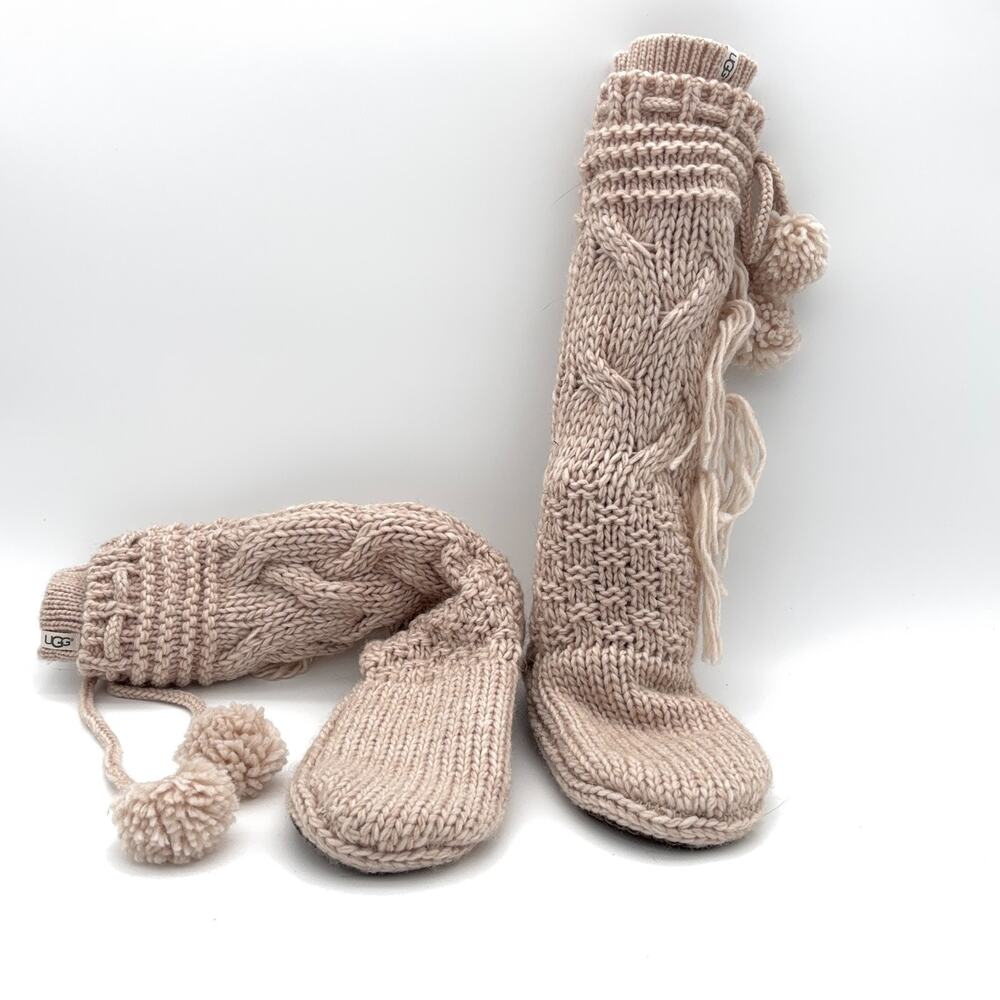 UGG Thea Pom Pom Cable Knit Knee High Slipper Socks Oatmeal Women's OS
